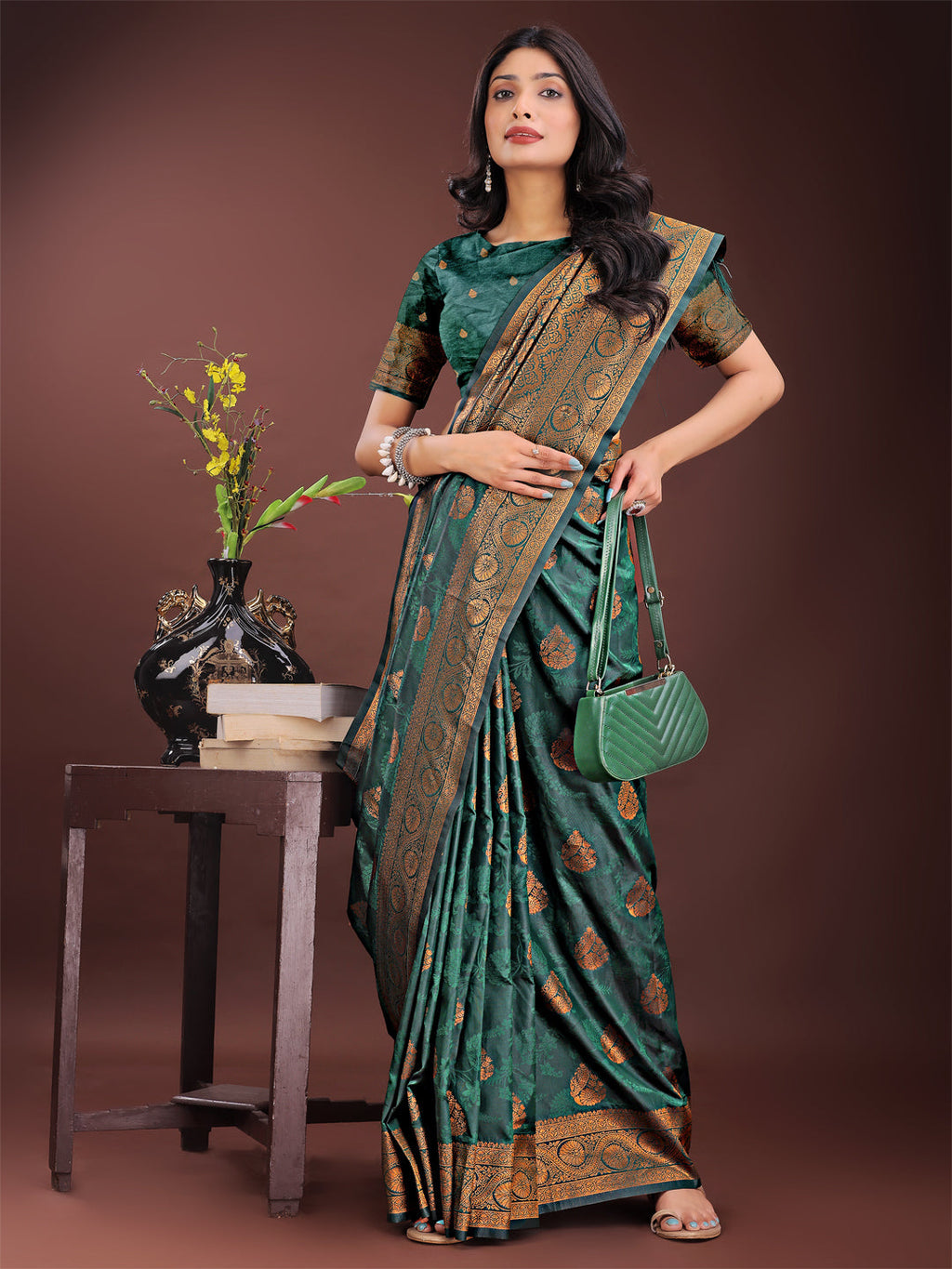 Majestic Dark Green Banarasi Silk Saree with Golden Zari