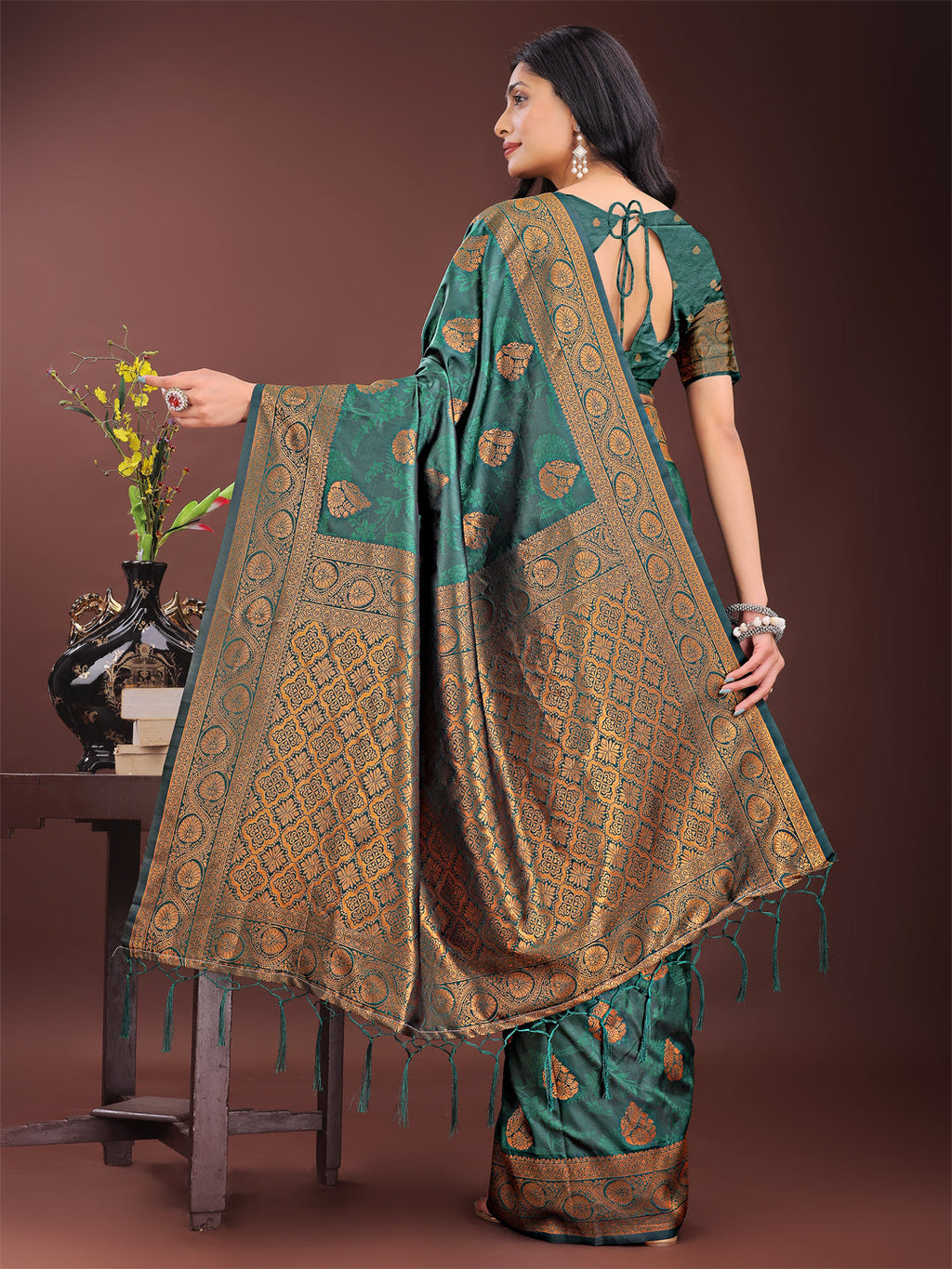 Majestic Dark Green Banarasi Silk Saree with Golden Zari