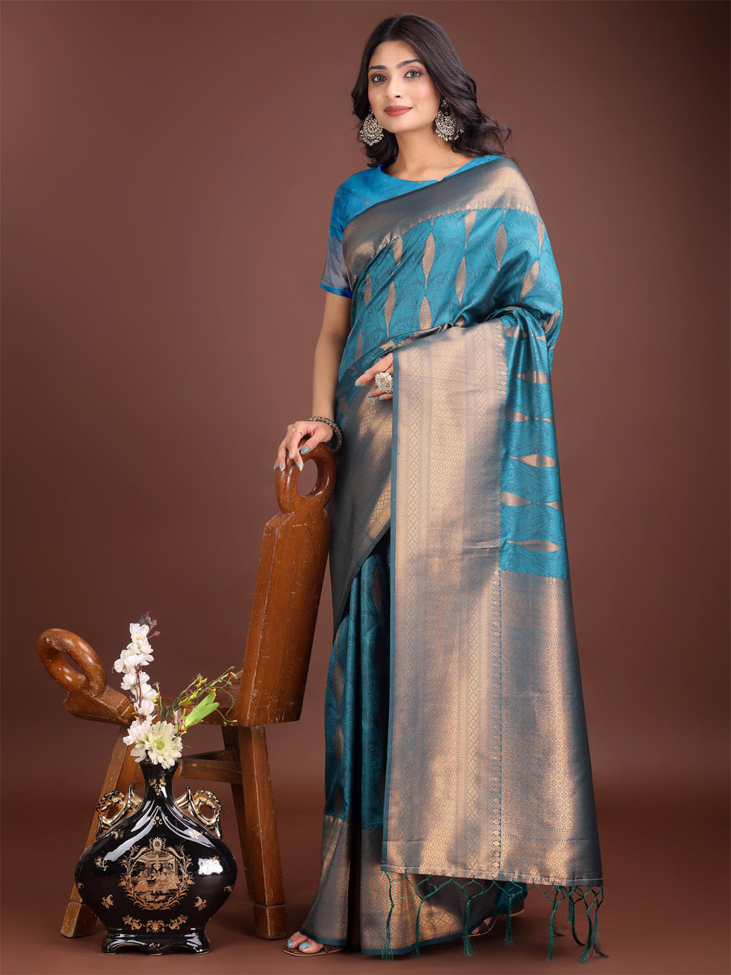Teal Blue Linen Cotton Saree with Golden Zari Leaf Design