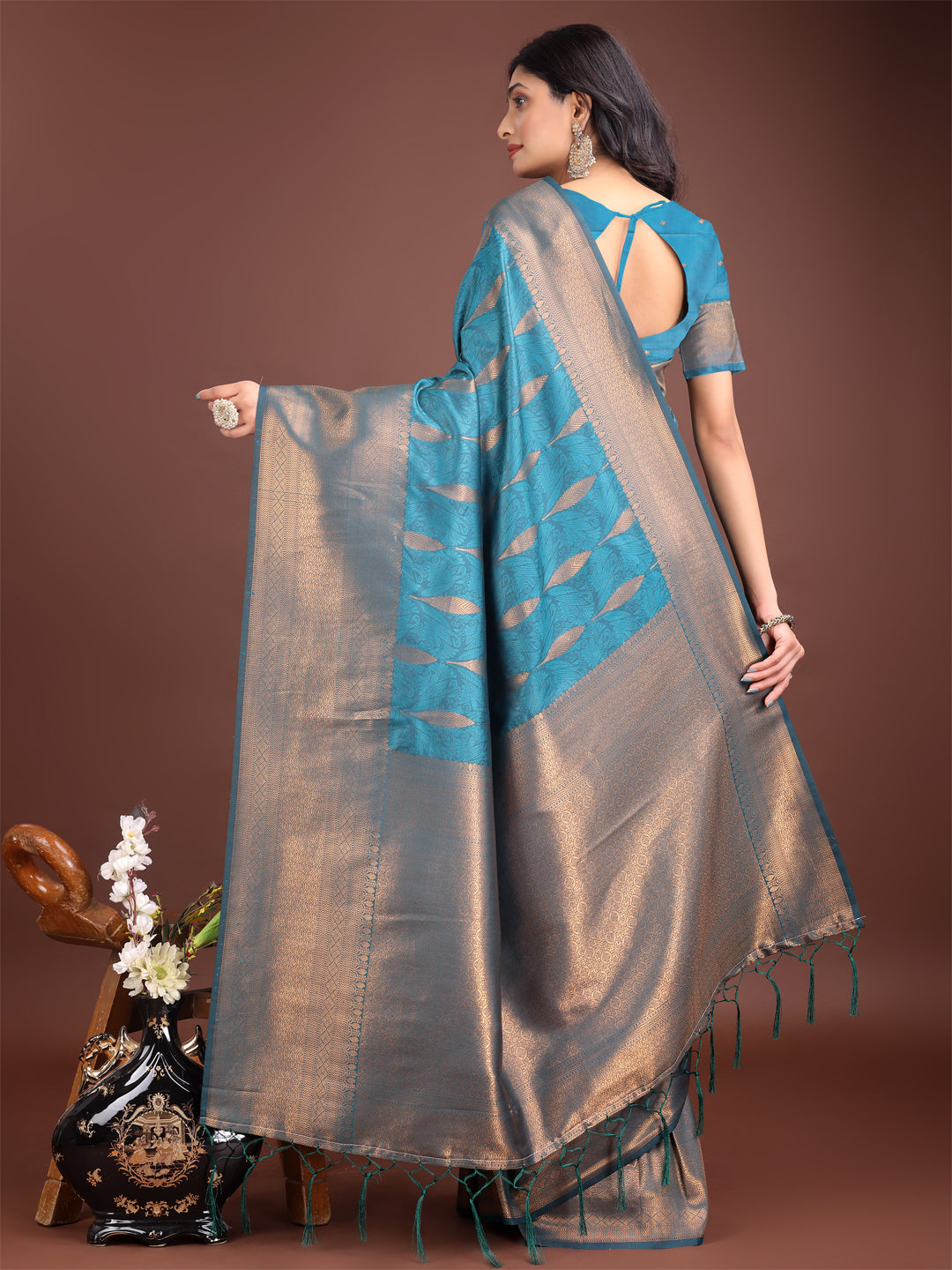Teal Blue Linen Cotton Saree with Golden Zari Leaf Design