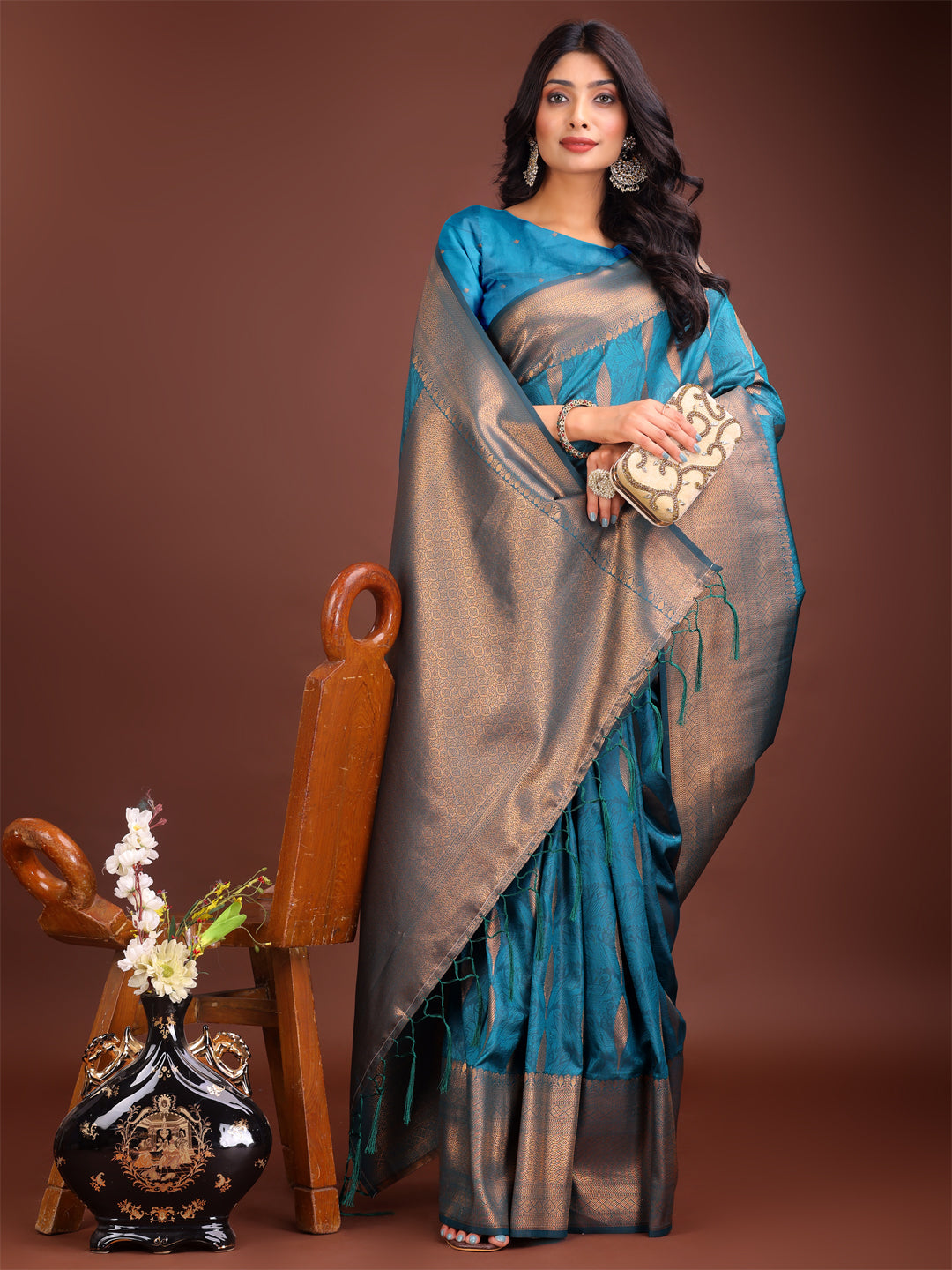 Teal Blue Linen Cotton Saree with Golden Zari Leaf Design