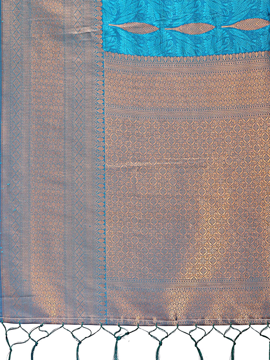 Teal Blue Linen Cotton Saree with Golden Zari Leaf Design