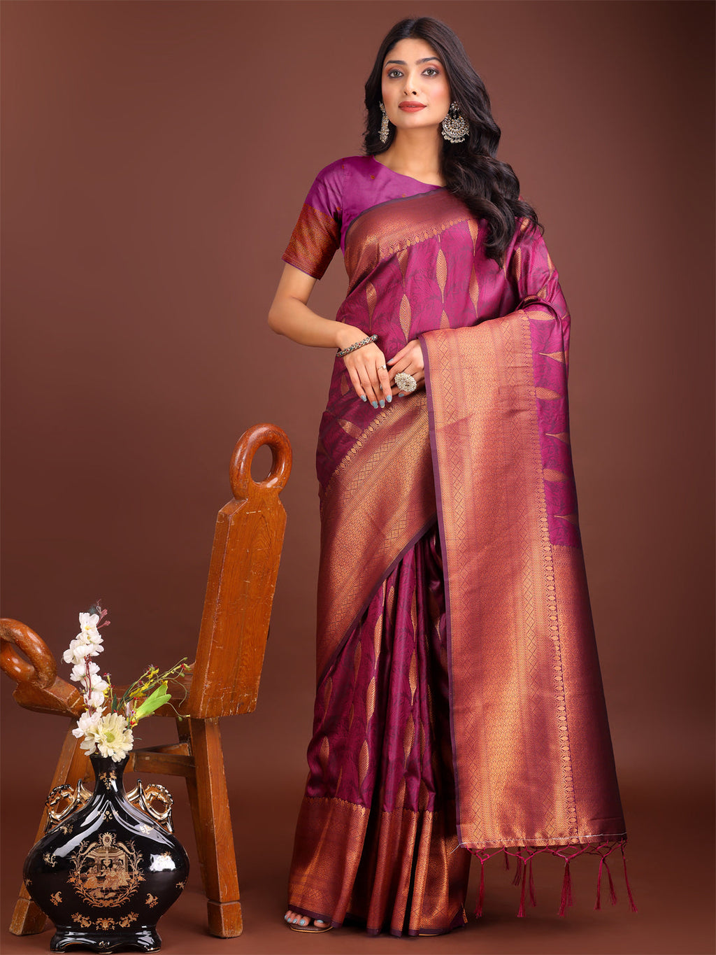 Purple linen cotton saree with golden zari leaf patterns and rich pallu