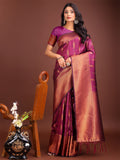 Purple linen cotton saree with golden zari leaf patterns and rich pallu