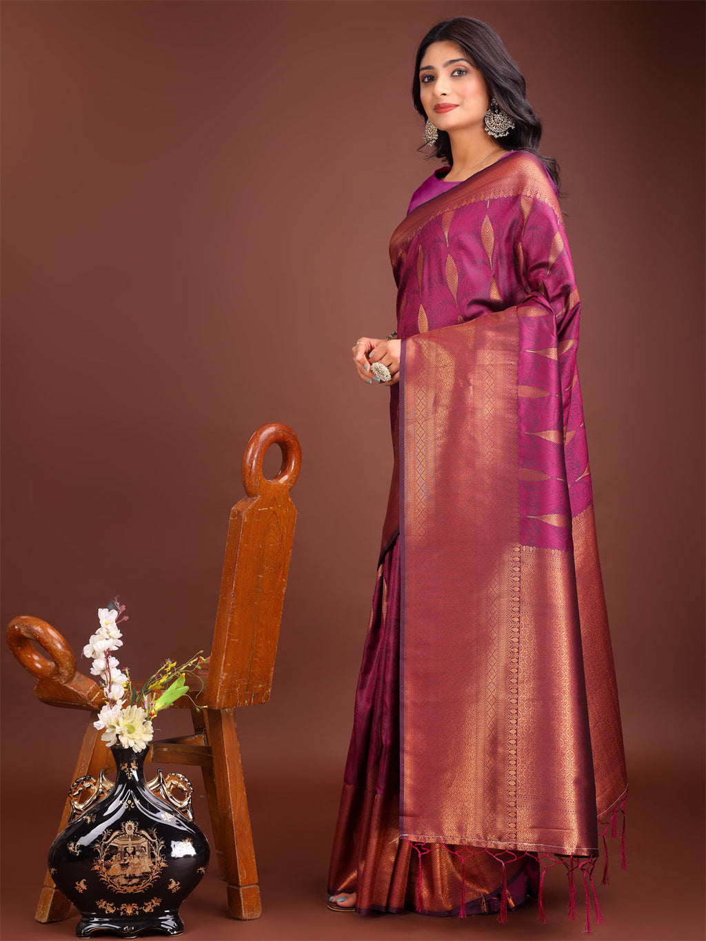 Purple Linen Cotton Saree with Golden Zari Leaf Motifs