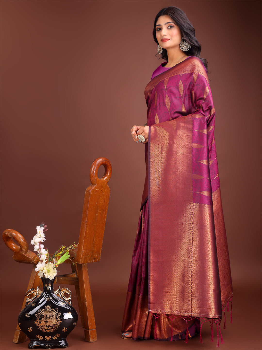 Purple Linen Cotton Saree with Golden Zari Leaf Motifs