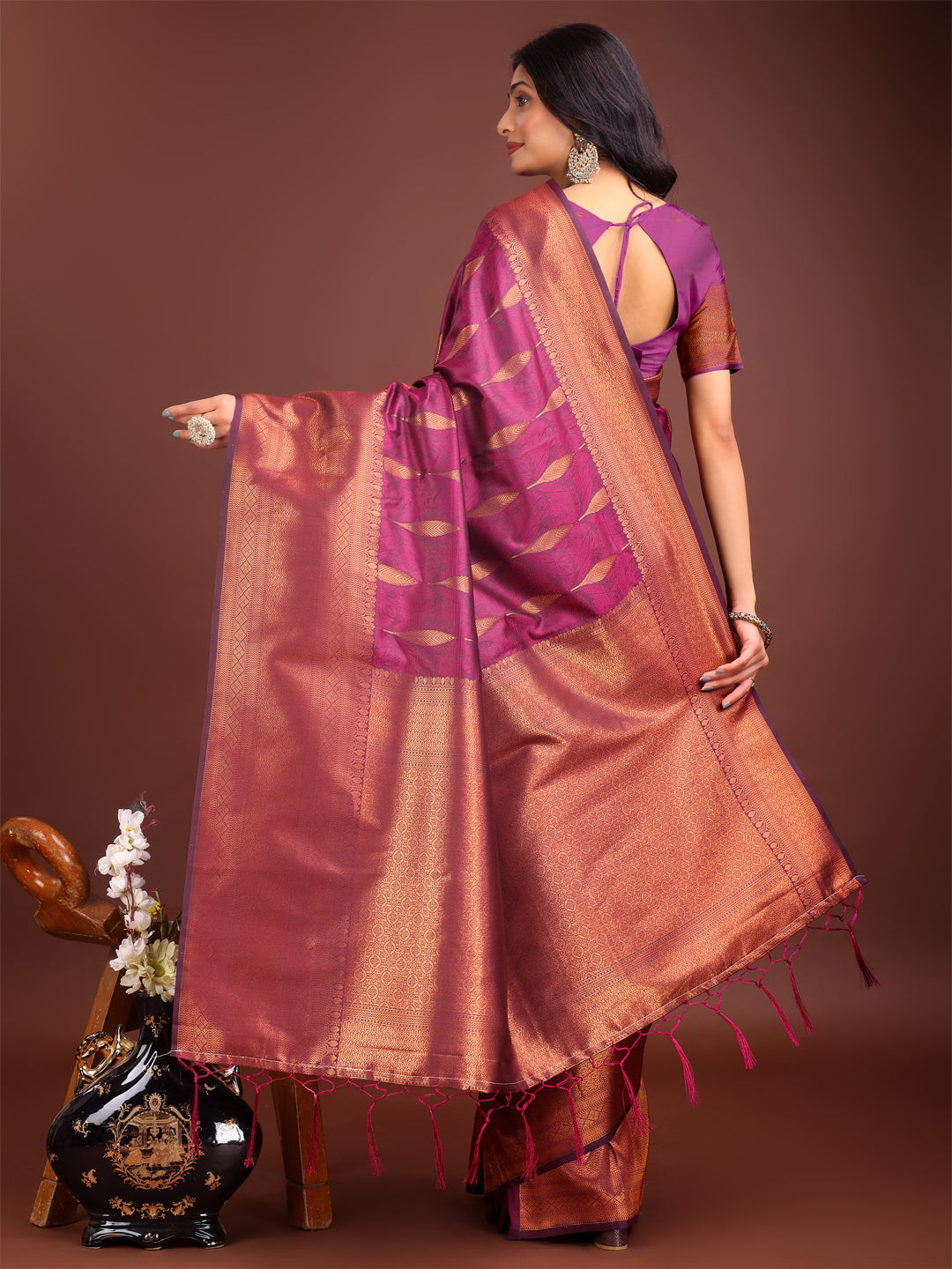 Purple Linen Cotton Saree with Golden Zari Leaf Motifs