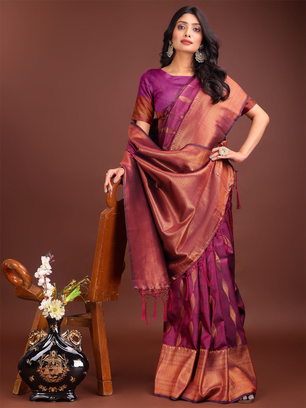 Purple Linen Cotton Saree with Golden Zari Leaf Motifs