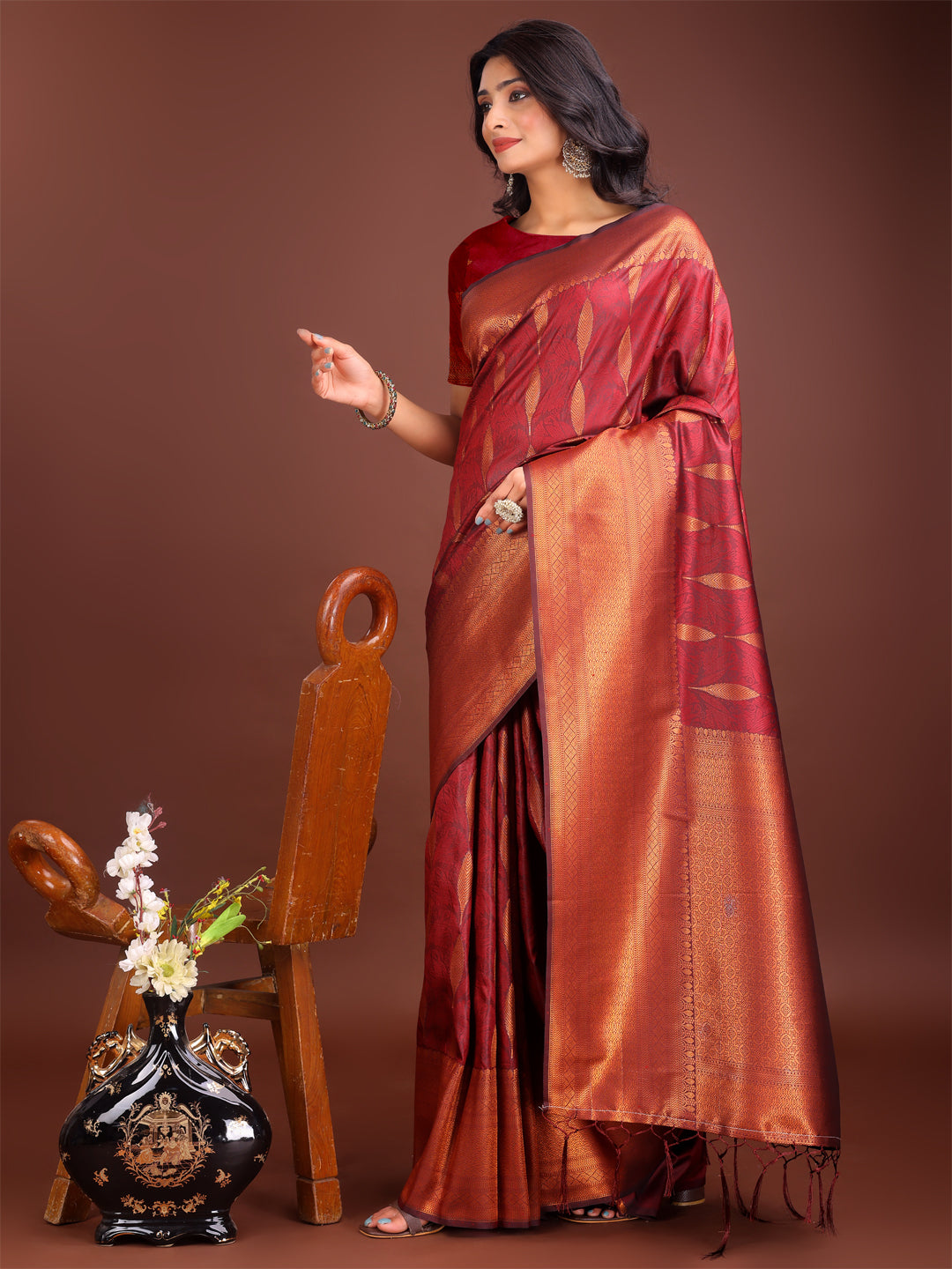 Maroon Linen Cotton Saree with Golden Zari Leaf Woven Motifs