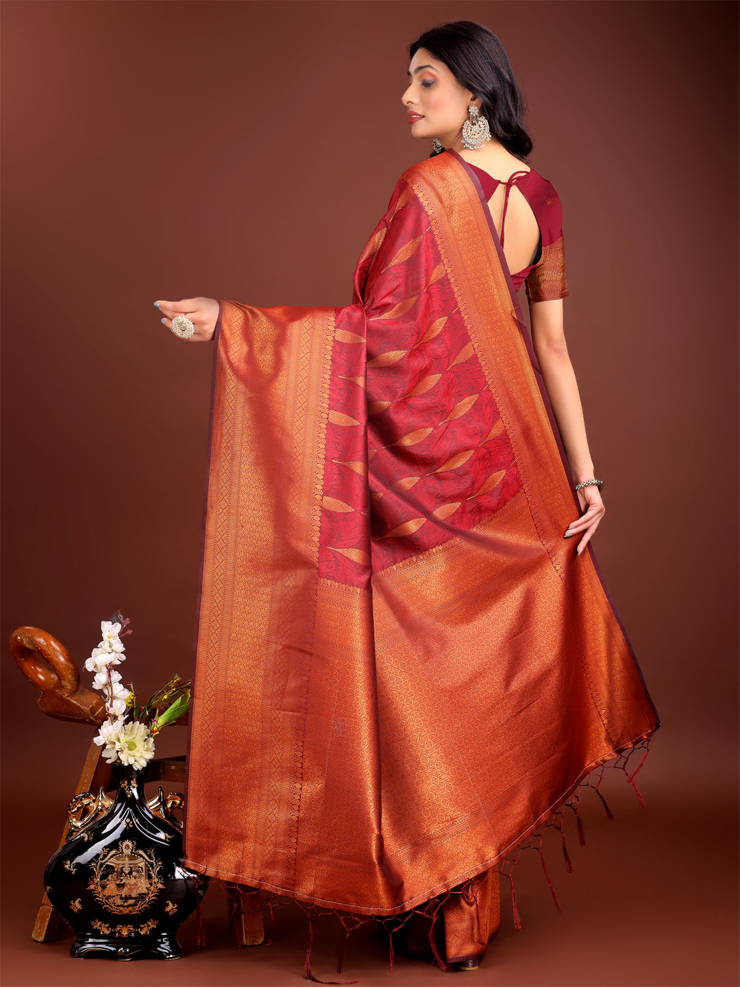 Maroon Linen Cotton Saree with Golden Zari Leaf Woven Motifs