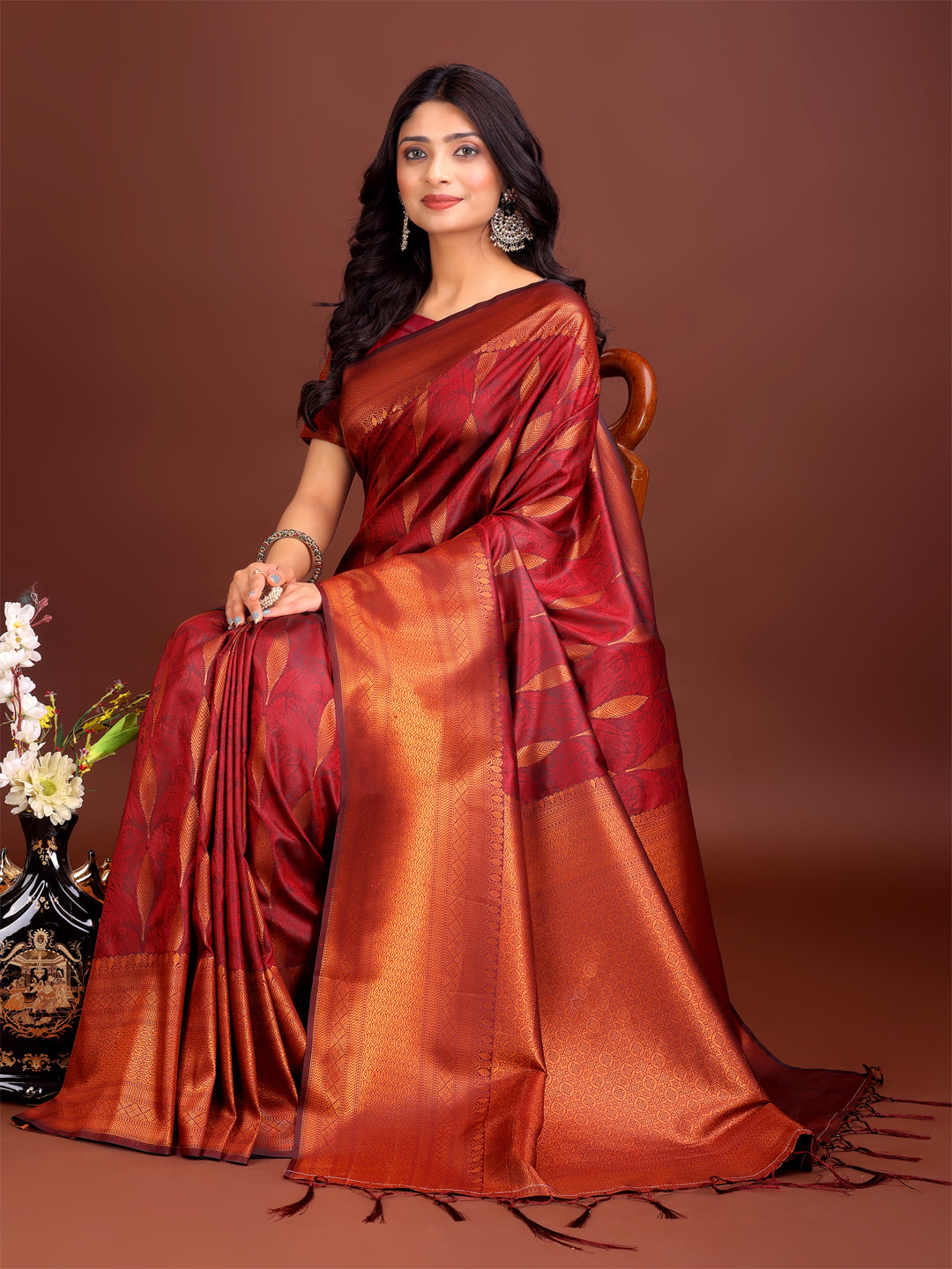 Maroon Linen Cotton Saree with Golden Zari Leaf Woven Motifs