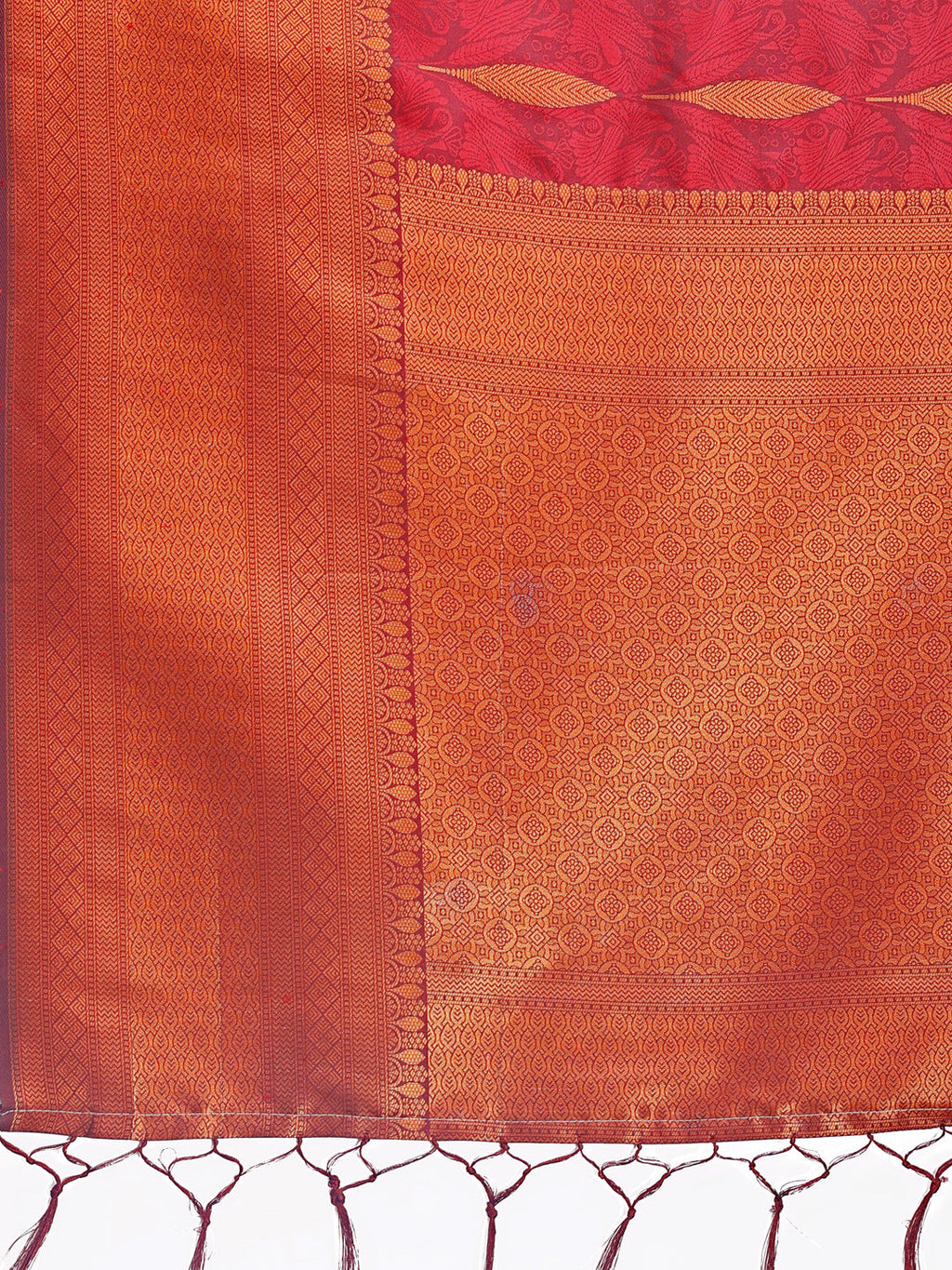 Maroon Linen Cotton Saree with Golden Zari Leaf Woven Motifs