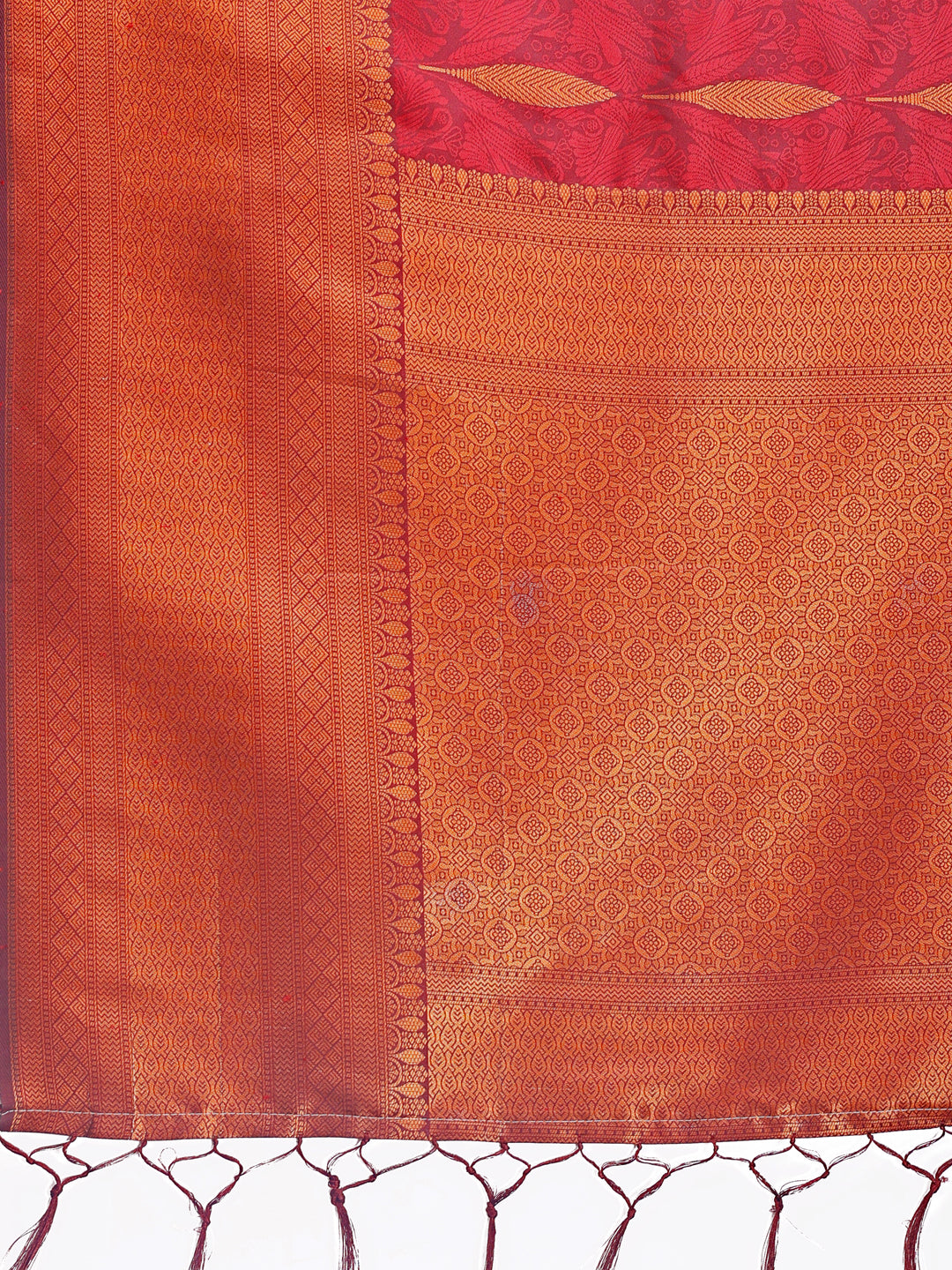 Maroon Linen Cotton Saree with Golden Zari Leaf Woven Motifs