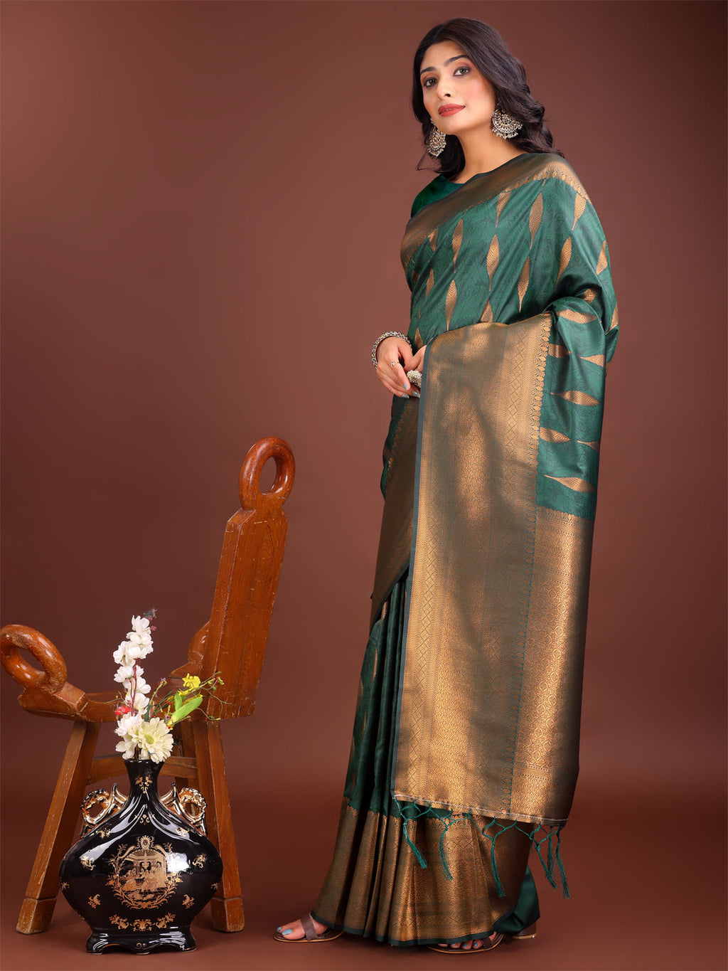 Green Linen Cotton Saree with Golden Zari Leaf Woven Design