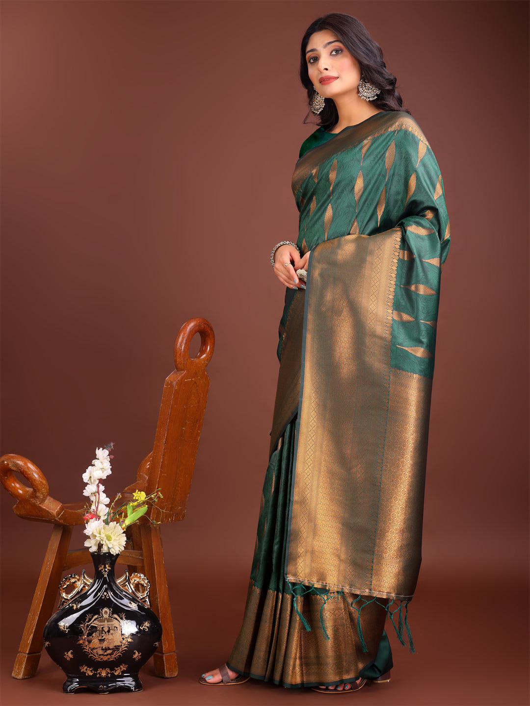 Green Linen Cotton Saree with Golden Zari Leaf Woven Design