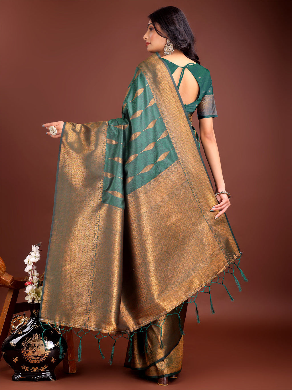 Green Linen Cotton Saree with Golden Zari Leaf Woven Design