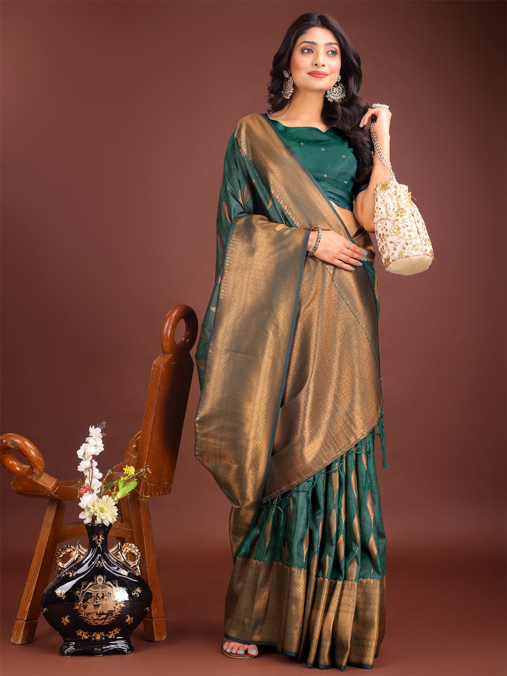 Green Linen Cotton Saree with Golden Zari Leaf Woven Design