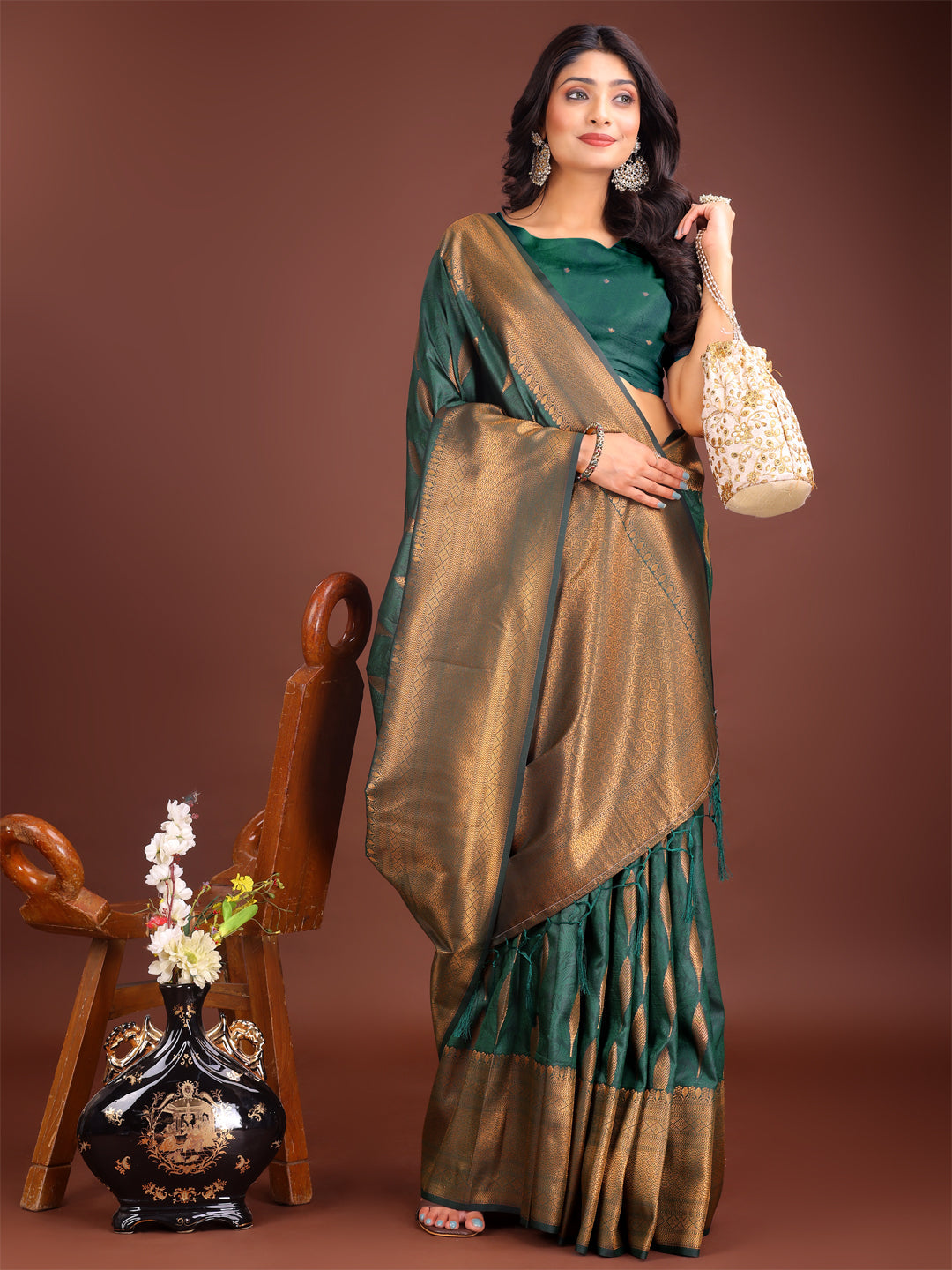 Green Linen Cotton Saree with Golden Zari Leaf Woven Design