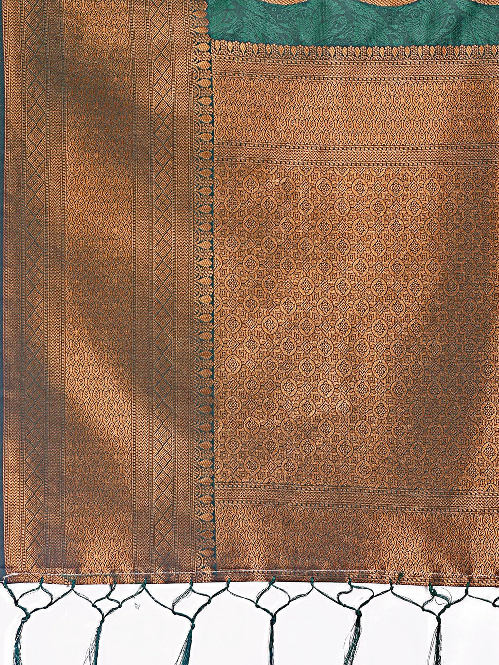 Green Linen Cotton Saree with Golden Zari Leaf Woven Design