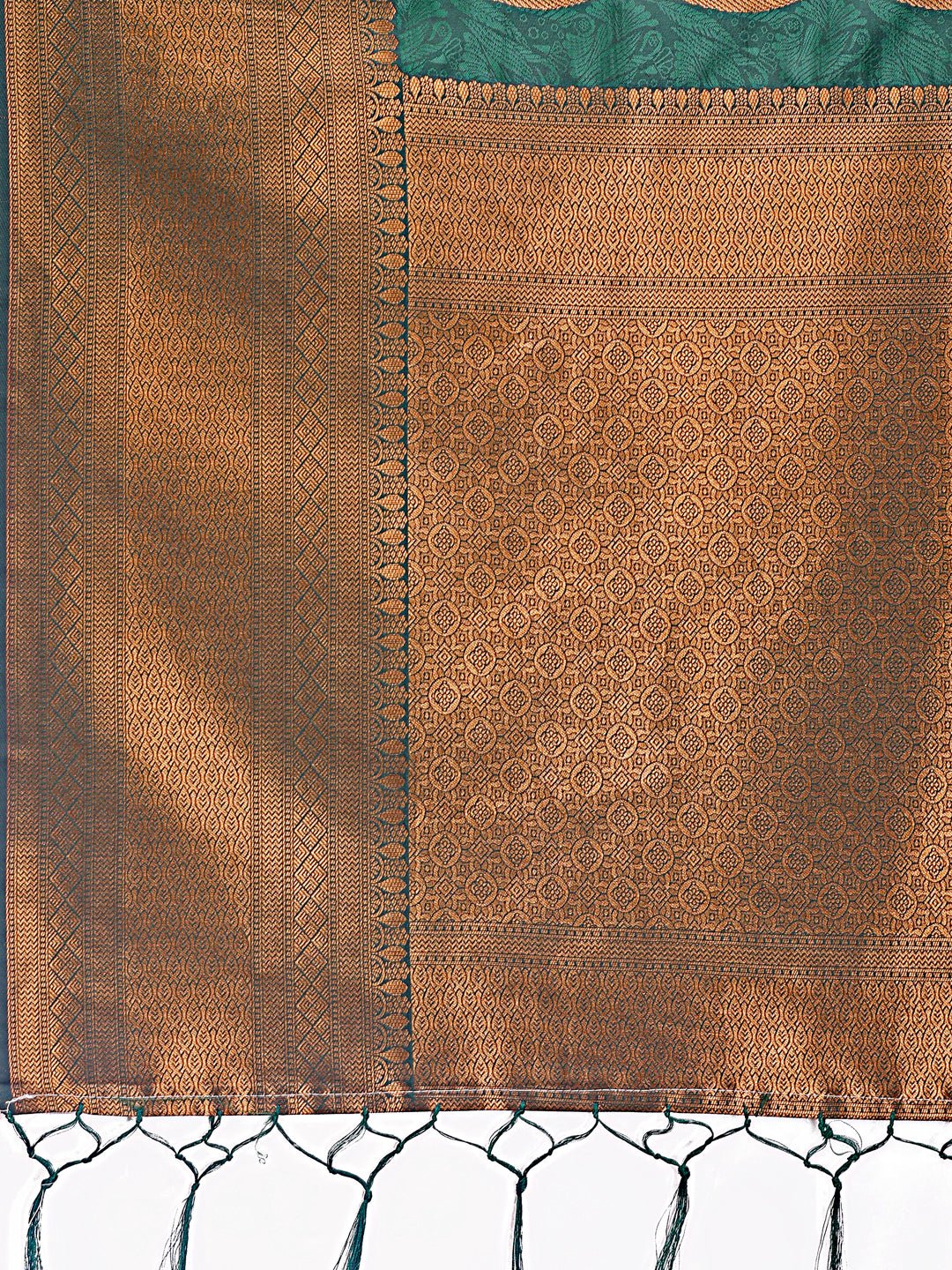 Green Linen Cotton Saree with Golden Zari Leaf Woven Design