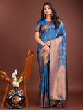 Sky Blue linen cotton saree with golden zari leaf woven design