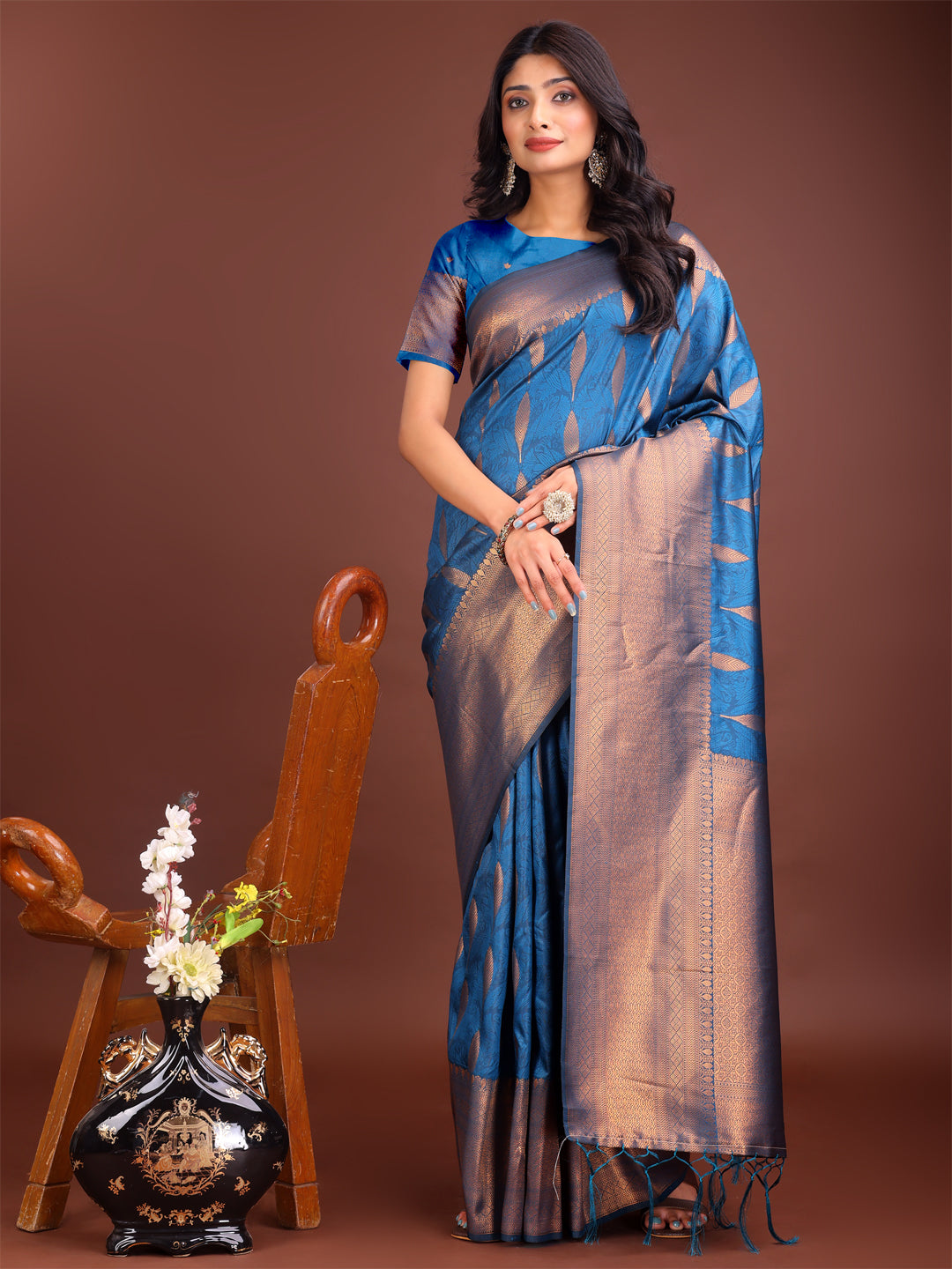 Sky Blue linen cotton saree with golden zari leaf woven design