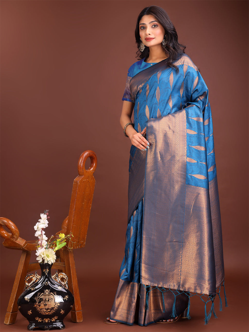 Sky Blue Linen Cotton Saree with Golden Zari Leaf Design
