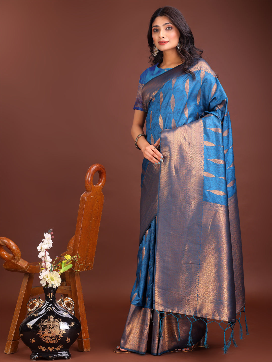 Sky Blue Linen Cotton Saree with Golden Zari Leaf Design