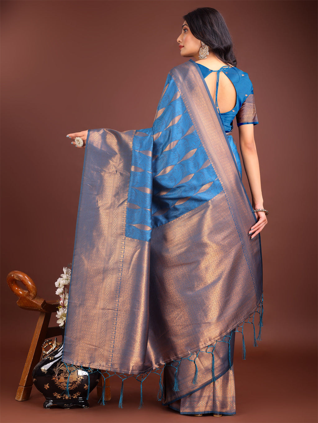 Sky Blue Linen Cotton Saree with Golden Zari Leaf Design