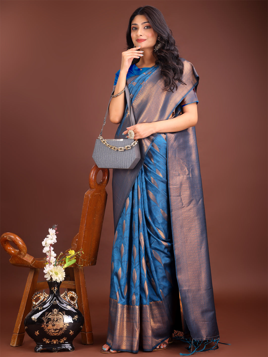 Sky Blue Linen Cotton Saree with Golden Zari Leaf Design