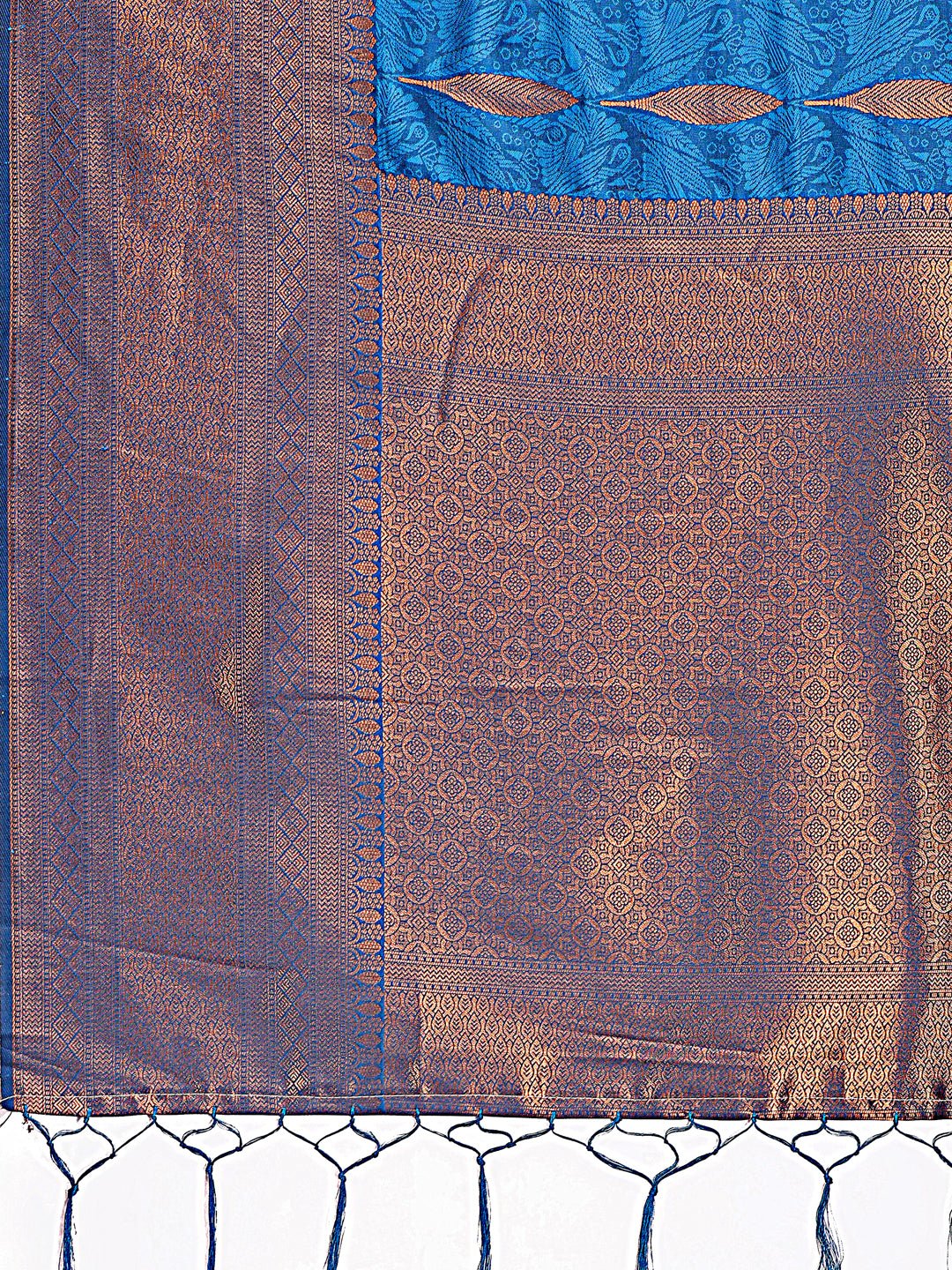 Sky Blue Linen Cotton Saree with Golden Zari Leaf Design