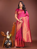 Shree Shyam Fashion Magenta Linen Cotton Saree with Golden Zari Leaf Woven Design & Rich Pallu - Festive Wear | Office Look | Soft Drape