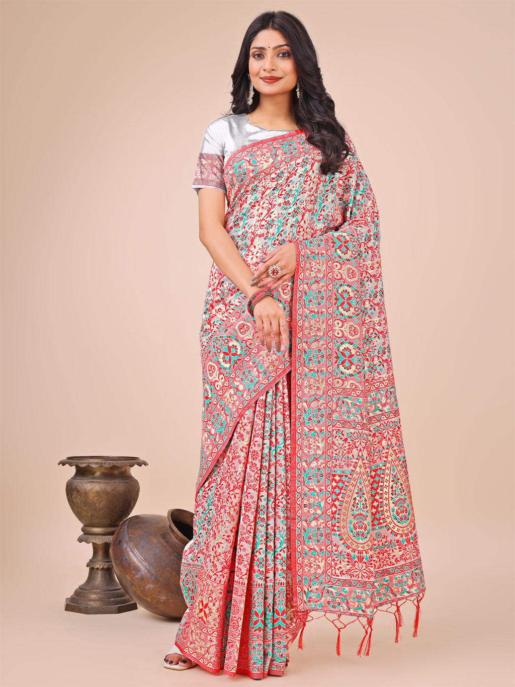 Elegant white linen cotton jacquard saree with multicolor woven patterns and tassel pallu.