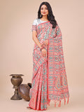 Elegant white linen cotton jacquard saree with multicolor woven patterns and tassel pallu.