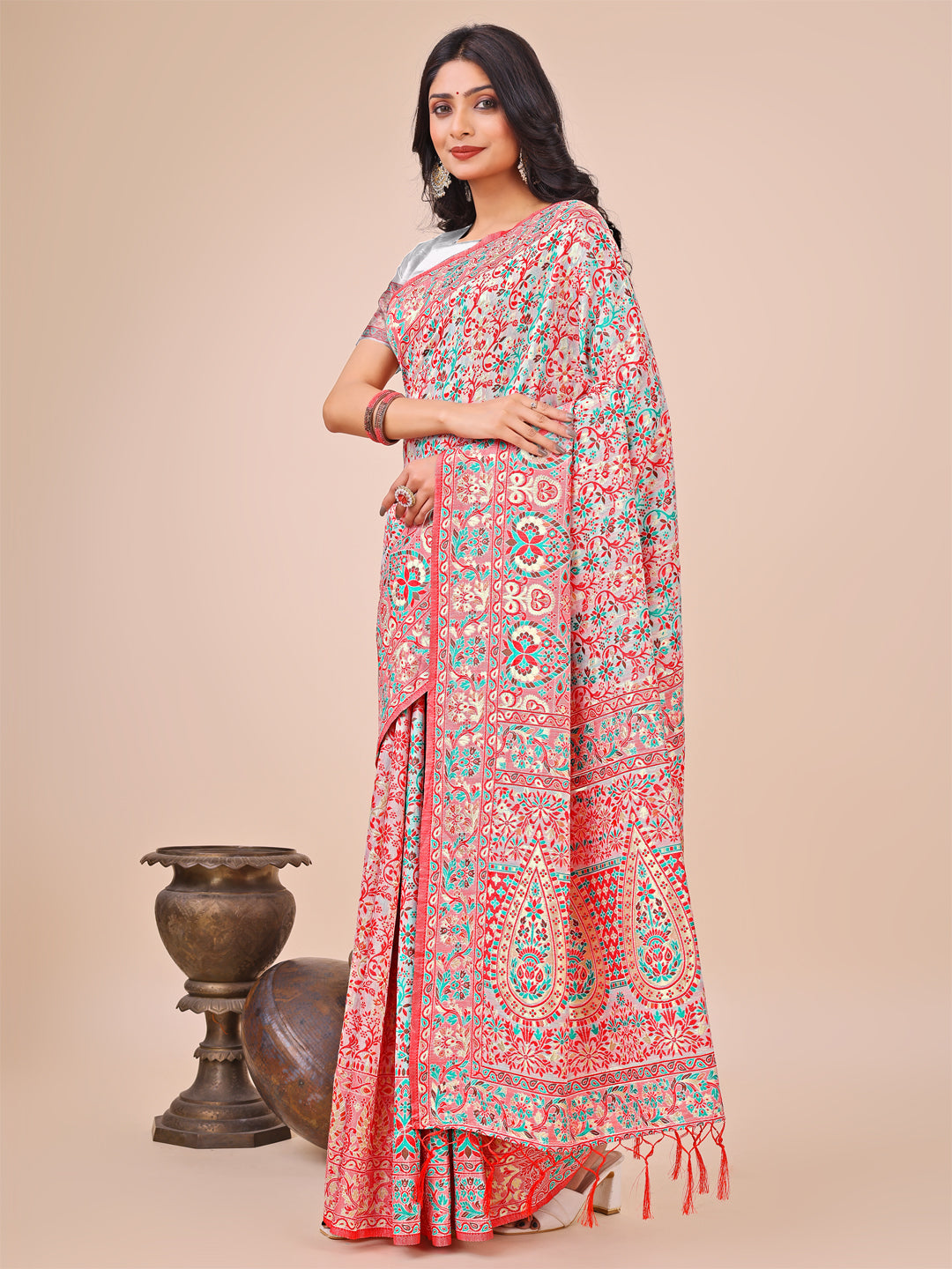 Elegant White Jacquard Linen Cotton Saree with Multicolor Weave