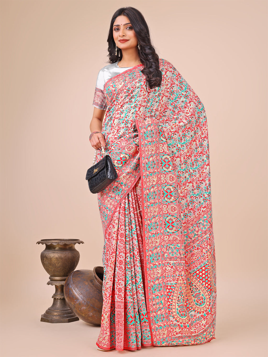 Elegant White Jacquard Linen Cotton Saree with Multicolor Weave