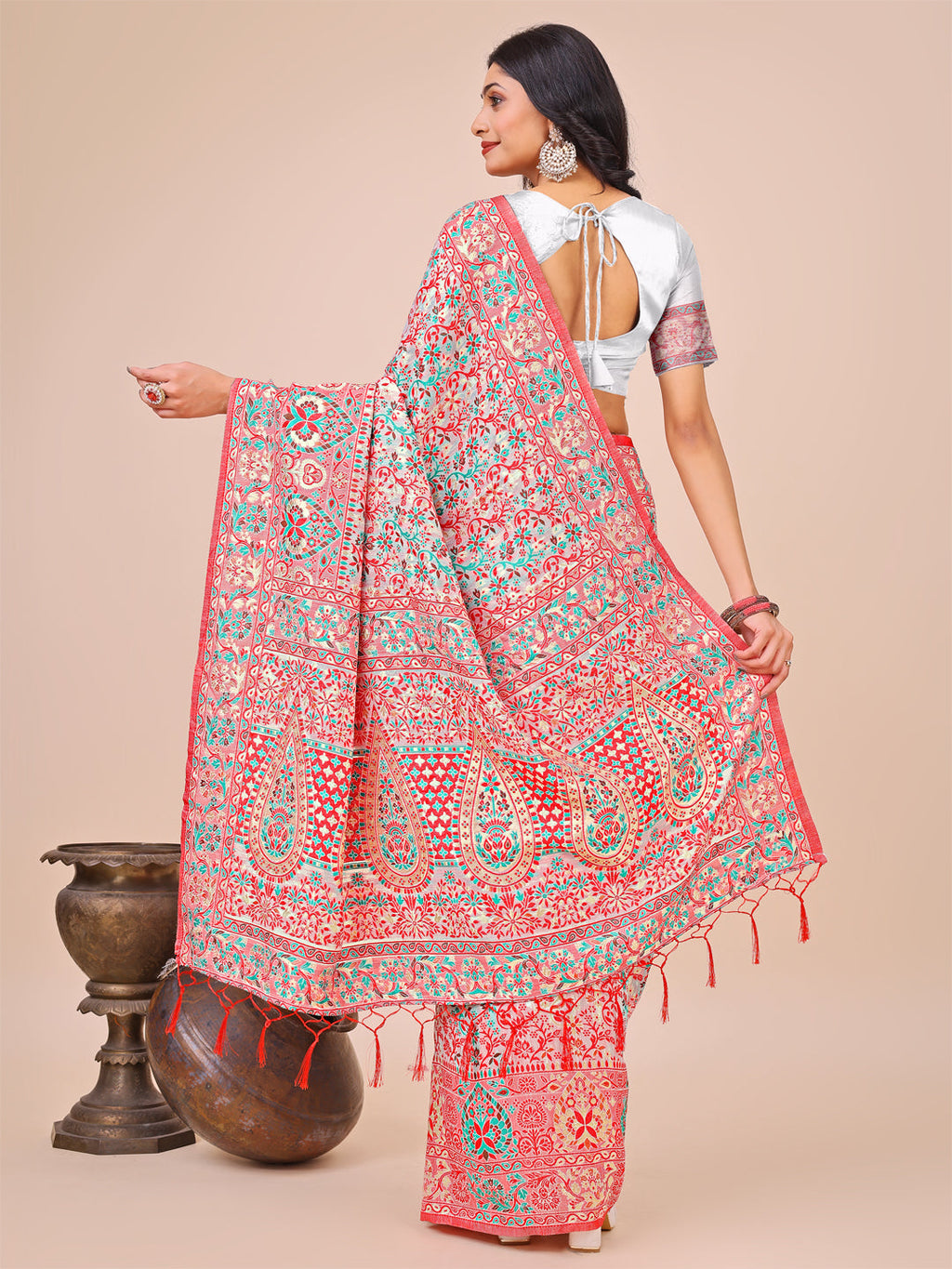 Elegant White Jacquard Linen Cotton Saree with Multicolor Weave