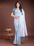 Sky Blue Linen Cotton traditional saree with woven zari highlights and tassels