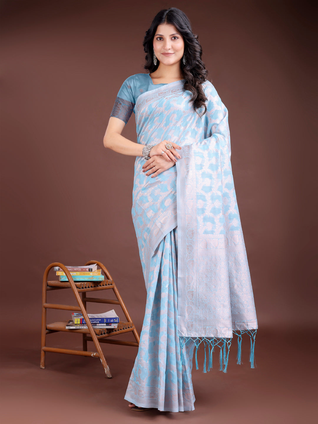 Sky Blue Linen Cotton traditional saree with woven zari highlights and tassels