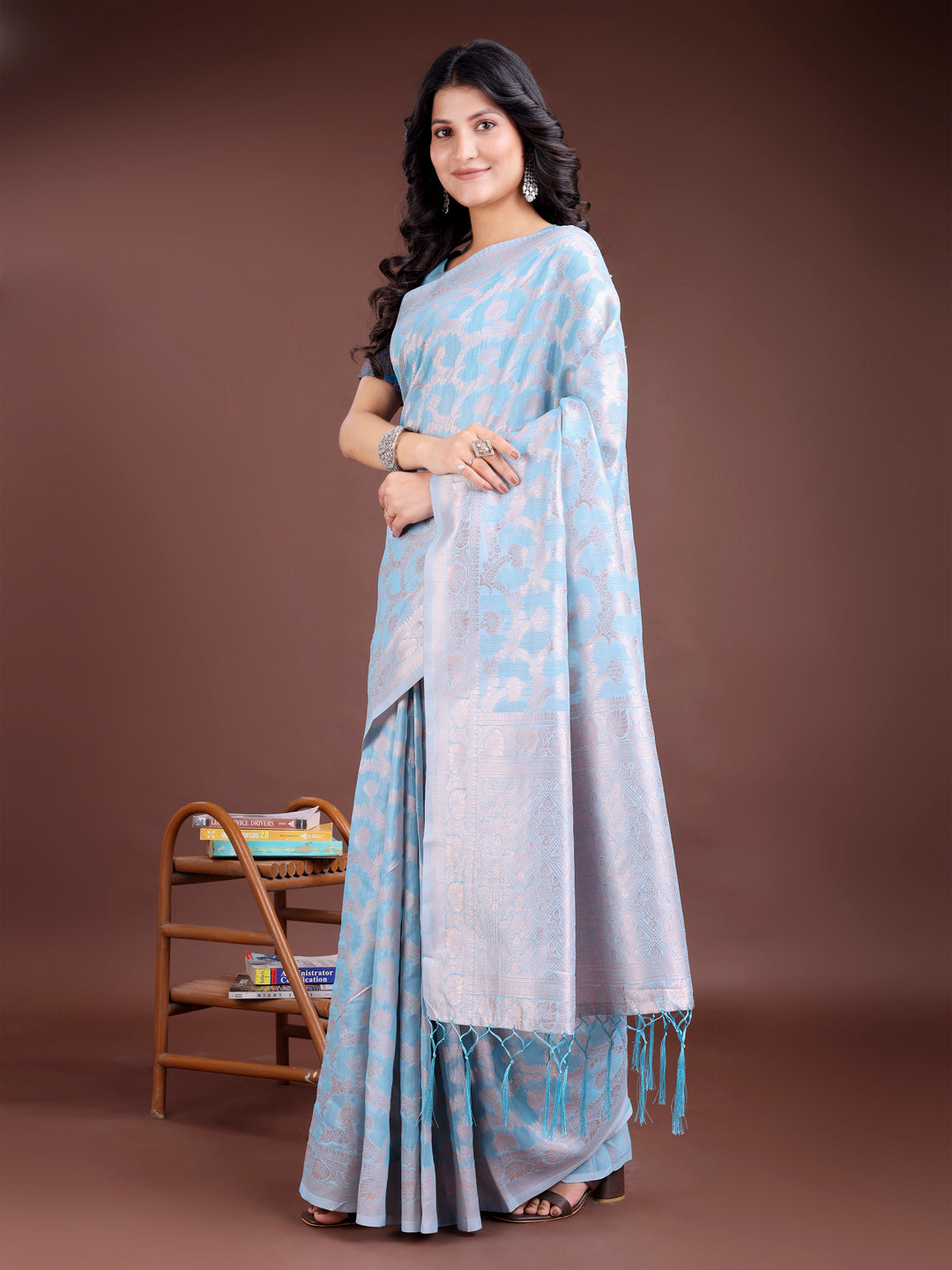 Sky Blue Linen Cotton Saree with Zari Work and Tassels