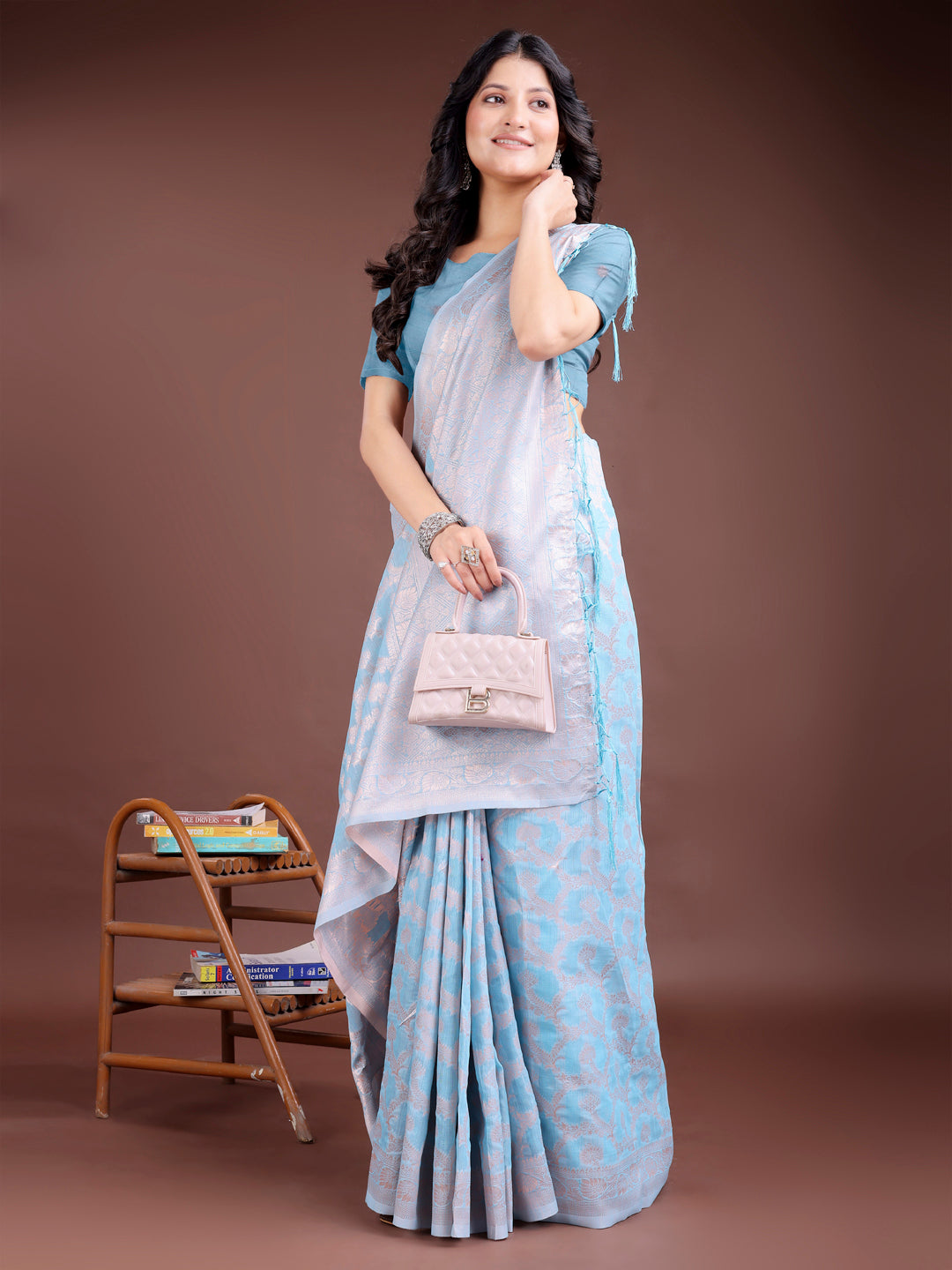 Sky Blue Linen Cotton Saree with Zari Work and Tassels