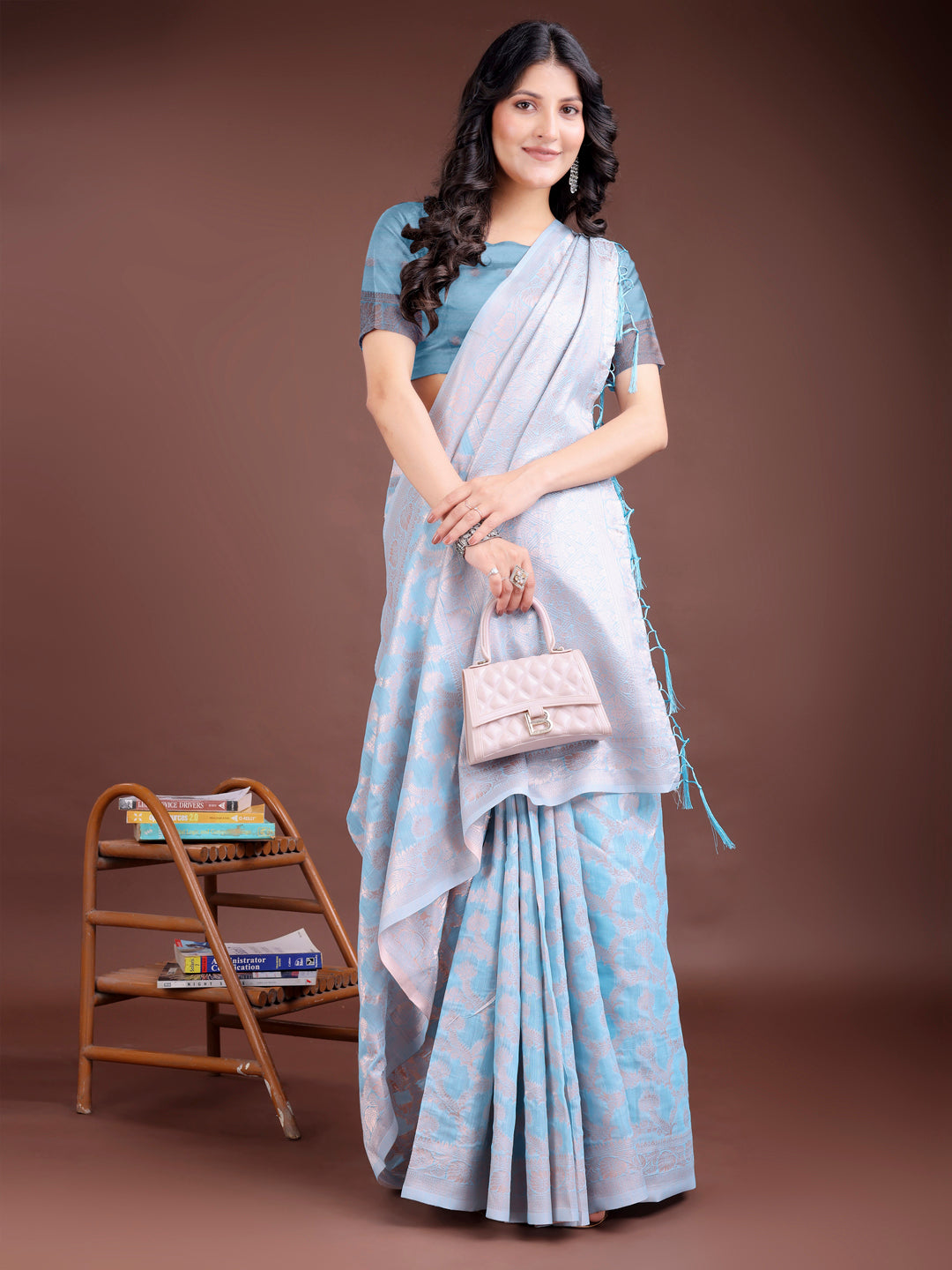 Sky Blue Linen Cotton Saree with Zari Work and Tassels