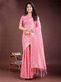 Bright pink linen cotton saree with gold zari work and pallu tassels