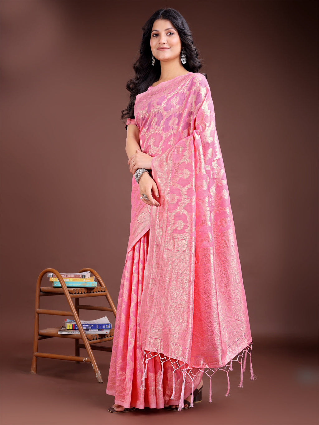 Pink Linen Cotton Saree with Zari Work & Tassels