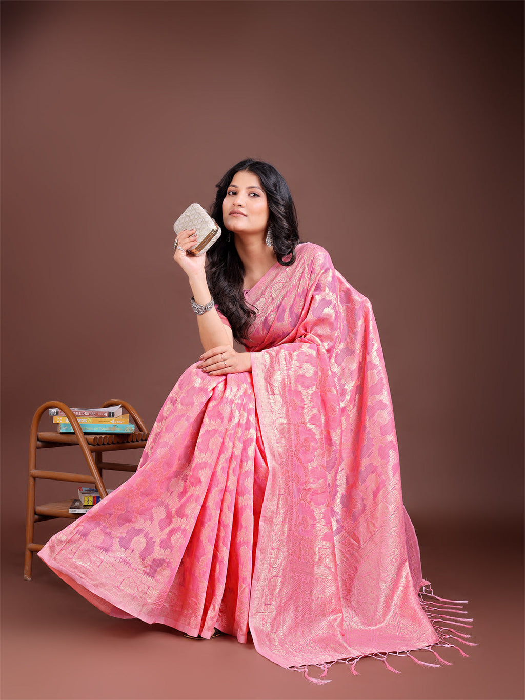 Pink Linen Cotton Saree with Zari Work & Tassels