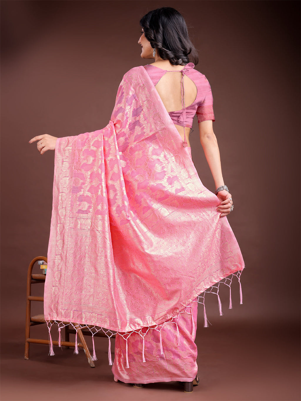 Pink Linen Cotton Saree with Zari Work & Tassels