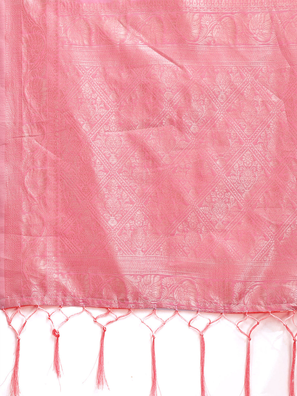 Pink Linen Cotton Saree with Zari Work & Tassels