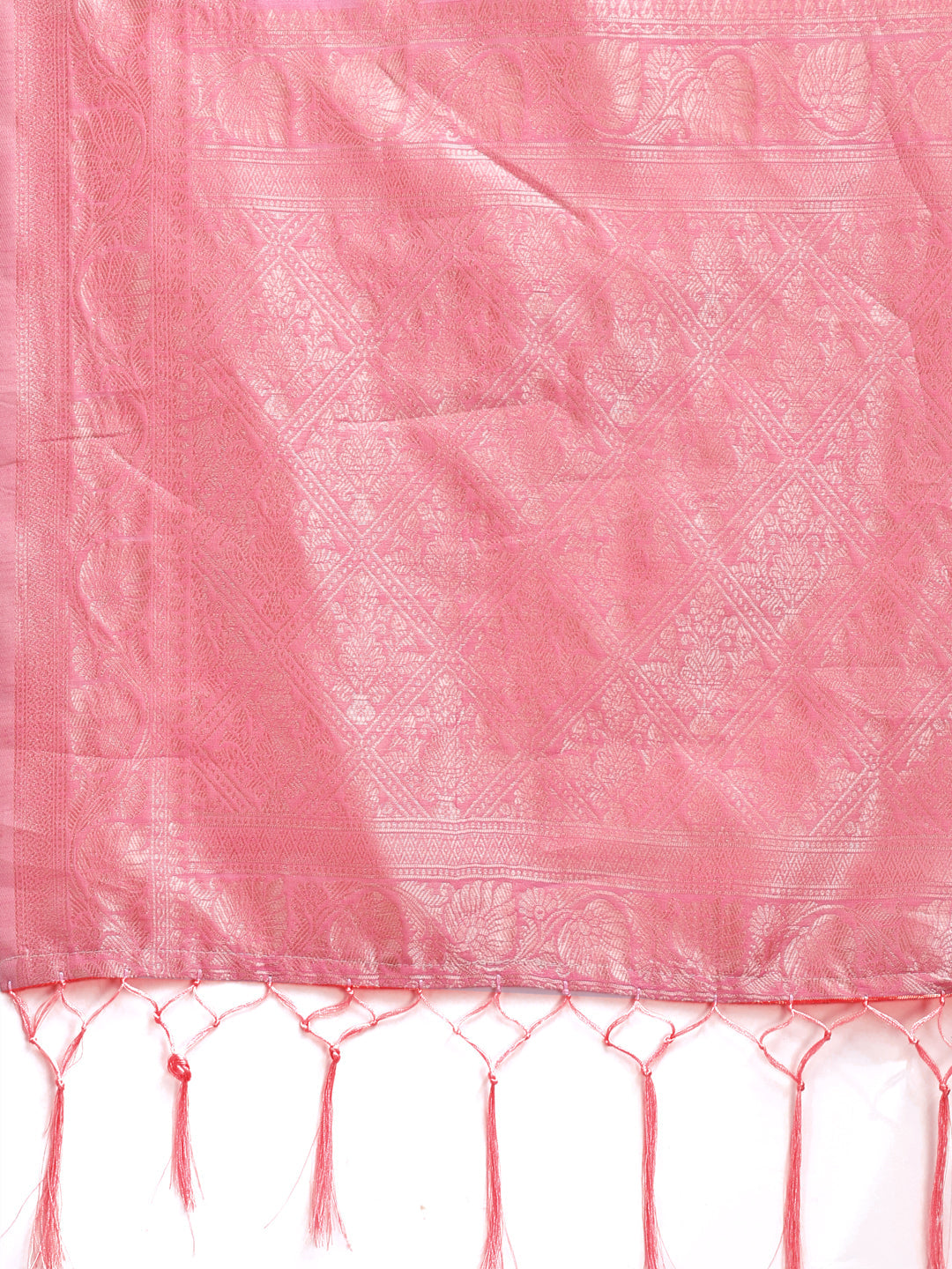 Pink Linen Cotton Saree with Zari Work & Tassels