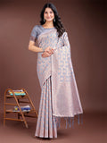 Elegant grey linen cotton saree with woven zari details and traditional tassels