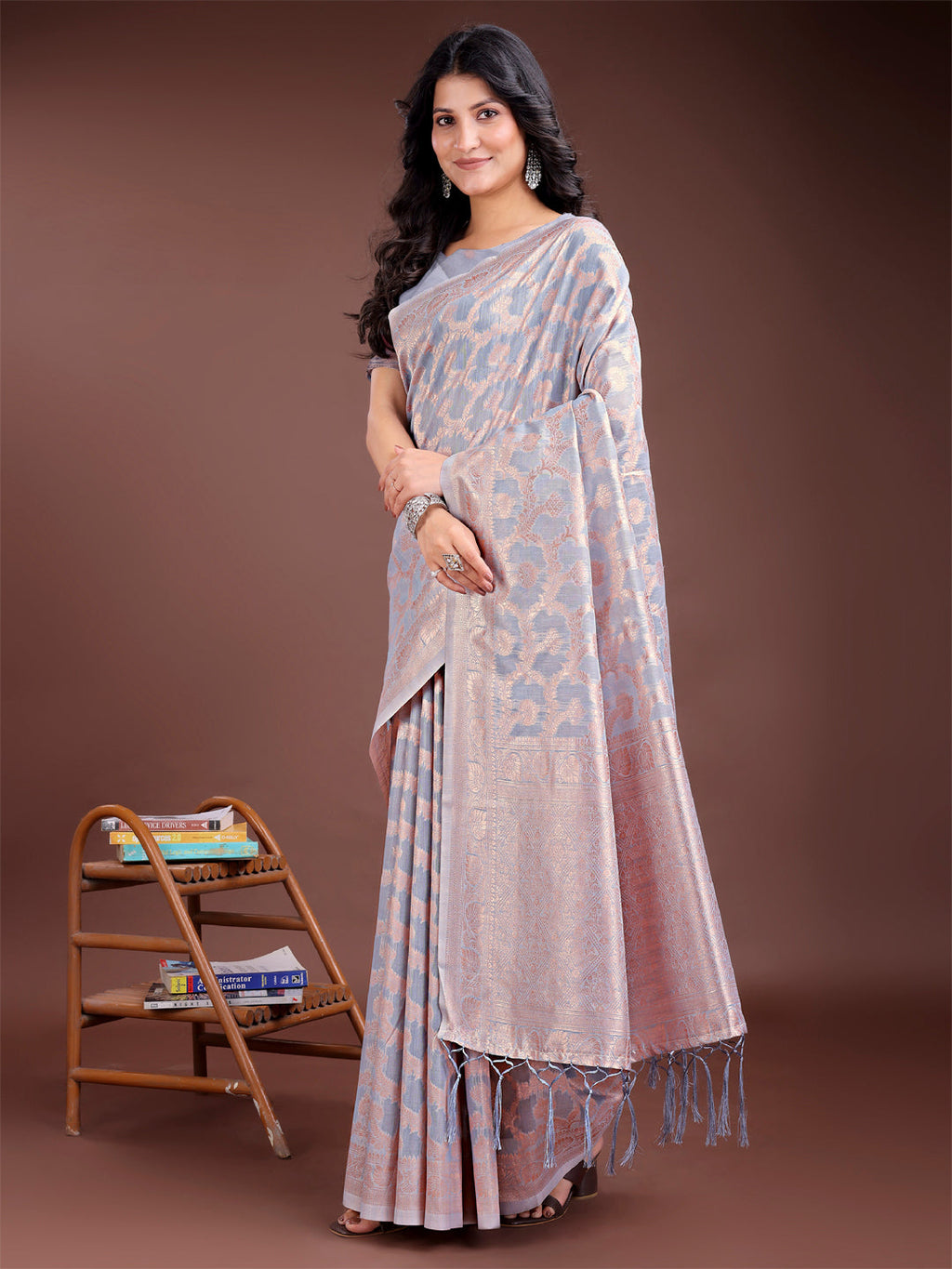 Grey Linen Cotton Woven Zari Saree with Traditional Tassels
